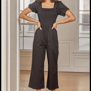 NWT Lulu’s More Than a Feeling Black Smocked Puff Sleeve Jumpsuit